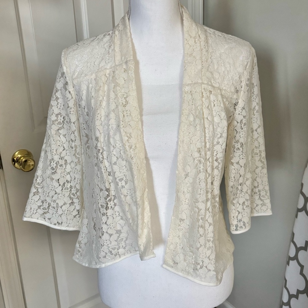New York & Company Cream Lace Open Front Top